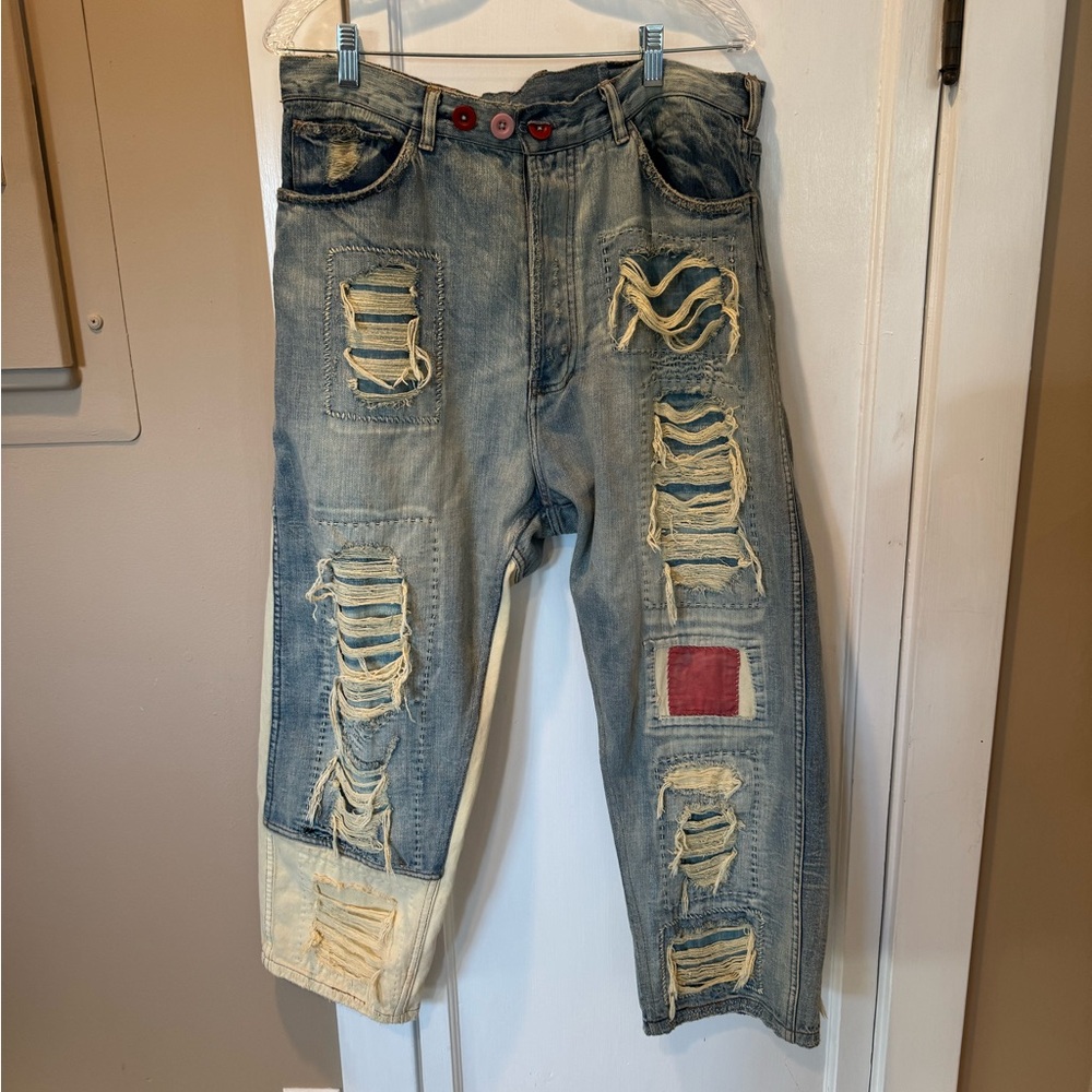 Magnolia Pearl Blue Straight Leg Jeans Artistic Distressed